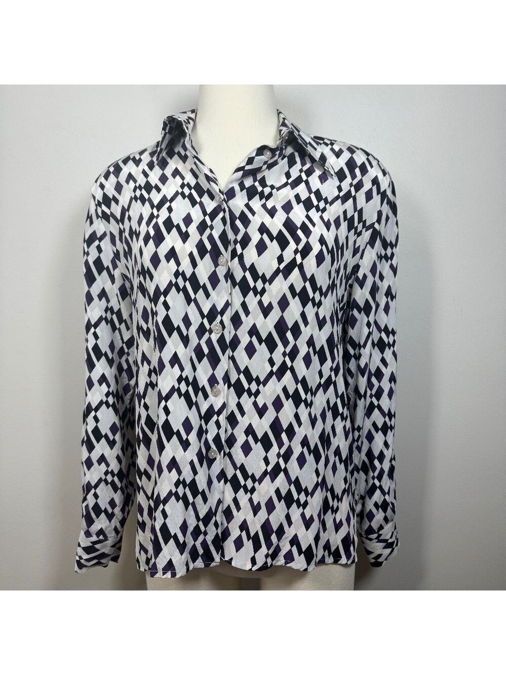 Vintage The Work Collection Silk Geometric Button Down Shirt size Small